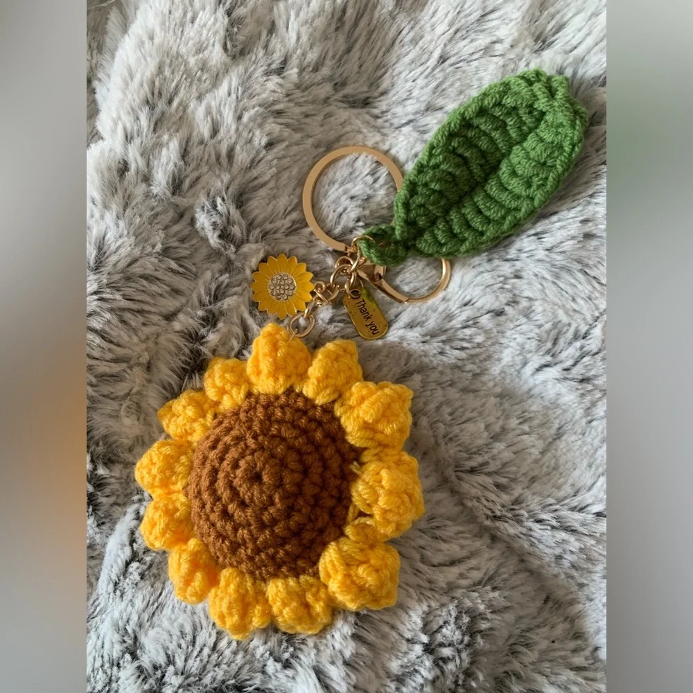 Crocheted Yellow and Brown Sunflower and Green Leaf Goldtone Keychain Bag Charm